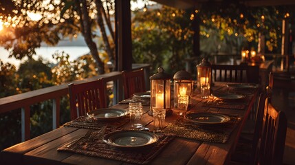 Obraz premium Elegant outdoor dining table set for a gathering at twilight overlooking a scenic vista