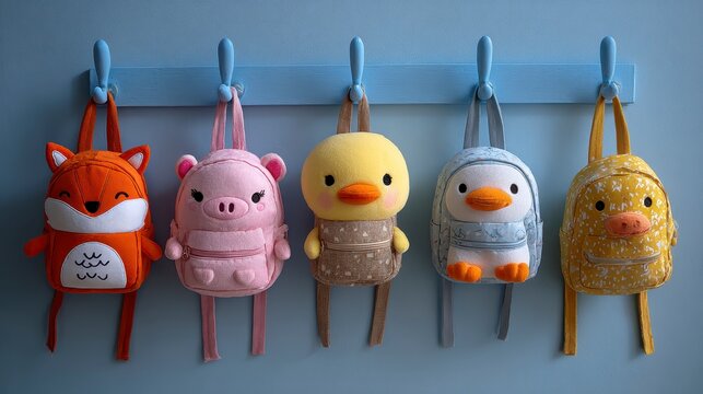 Colorful, child-sized backpacks shaped as a fox, pig, duck, penguin, and a speckled one hang on blue hooks against a light blue wall