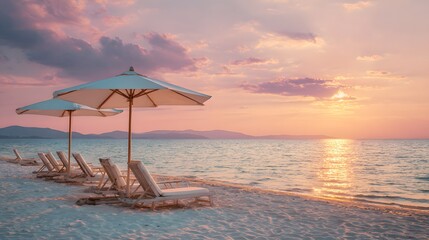 Row of empty lounge chairs and umbrellas sits on a sandy shore during a vibrant ocean sunset