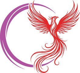 Majestic Red Phoenix Bird Rising in Purple Circle Vector Illustration, Symbol of Rebirth, Strength, Energy, and Mythical Power.