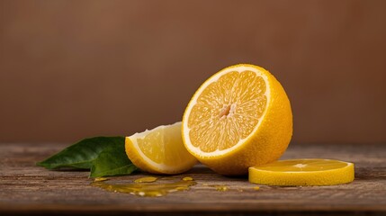Fresh Lemon Slices with Juice and Green Leaves on Wooden Table - Juicy Citrus Fruit Close-Up