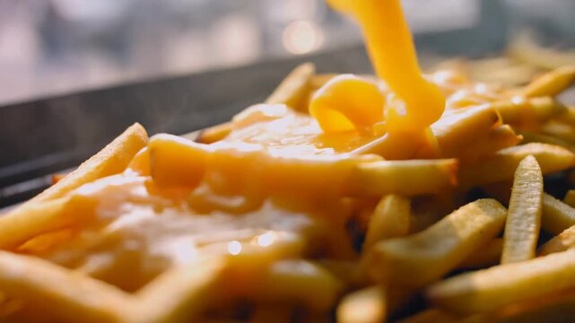 Close-up of golden cheese melting and stretching over hot crispy fries with warm cinematic lighting, slow motion cheese pull, gooey texture