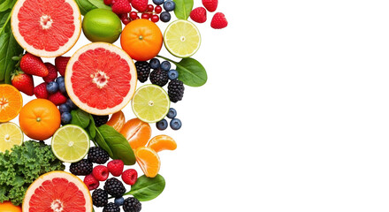 Fresh fruits and berries arranged on white background