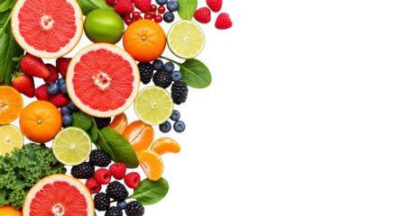 Fresh fruits and berries arranged on white background