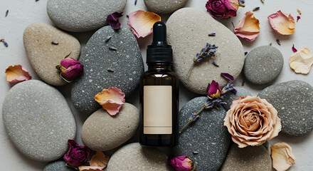 Top-Down Shot of Skincare Serum Dropper Bottle with Raw Stones and Dried Petals