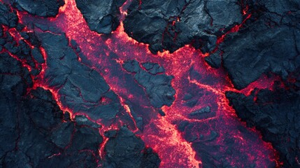 River of Fire Molten Lava Flowing Through Black Volcanic Rock Landscape.