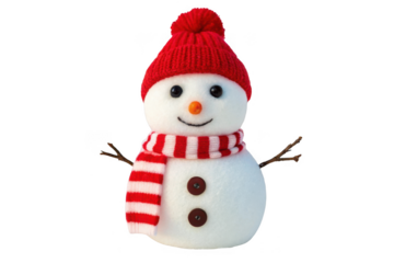 Cute snowman with red hat and scarf isolated on transparent background