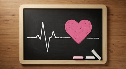 Top-Down of Pink Heart and ECG Line on Chalkboard Over Desk, Health Wellness Symbol