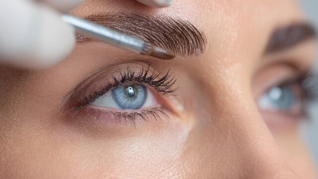 Eyebrow tinting. Master brush dye henna beautiful woman brows in beauty salon. Hand in black gloves applying of brow hair tint with a brush. Procedure Permanent make up tattoo. Cosmetic procedures.