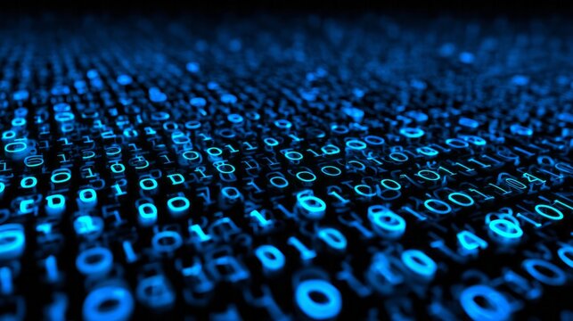Flowing digital information stream composed of glowing binary code numbers receding into the darkness - Powered by Adobe