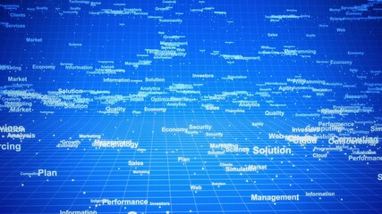 Network and word cloud on blue background of business and programming or computer science and marketing related words. - Powered by Adobe