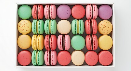 Top-Down View of Colorful Macarons in Box on White Background, Sweet Snack