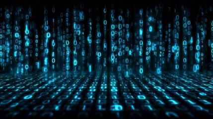 Glowing blue binary code streams flow downward across a digital dark perspective floor