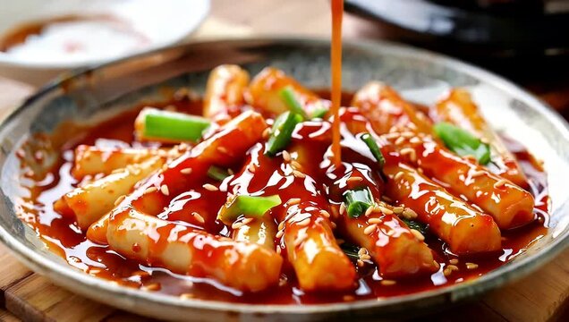 Delicious Korean Tteokbokki - A Culinary Delight with Spicy Sauce.