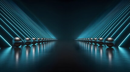 Rows of reflective spheres align on a dark, polished surface beneath converging neon light beams.