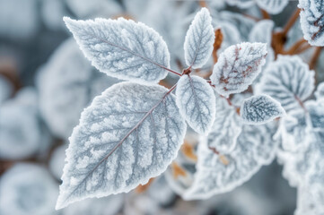 Frost covers leaves in a winter scene during early morning light in a garden