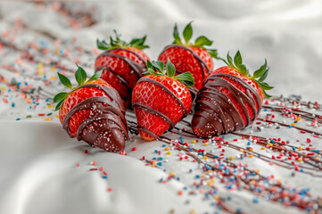 Chocolate covered strawberries with colorful sprinkles on a white cloth during a dessert setting in the afternoon