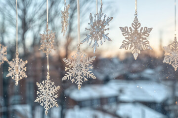 Snowflakes hang from strings in a winter setting during sunset near houses with snow-covered roofs