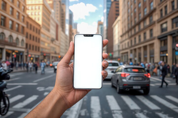 Smartphone held up in urban area with busy street and skyscrapers in the background during daytime