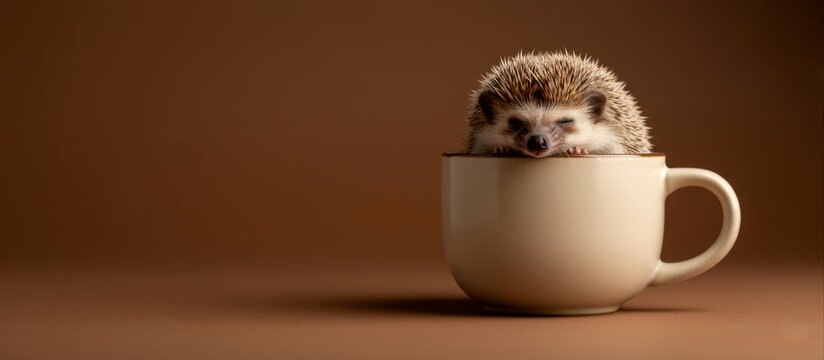 Tiny hedgehog sitting in a ceramic coffee cup on brown background
