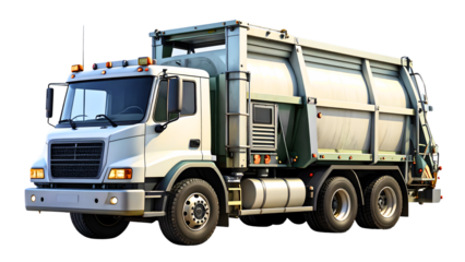 Side-loading waste collection truck with control panel and safety rails.