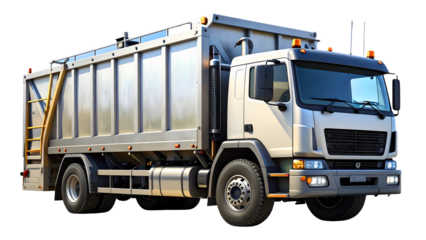 Side-loading waste collection truck with control panel and safety rails.