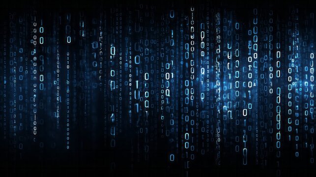 Falling binary code streams illuminate a dark digital background with blue light effects - Powered by Adobe