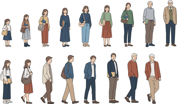 Diverse collection of people walking in side profile view featuring different age groups from young students to elderly retired adults