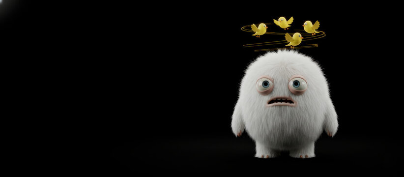 Dizzy white fluffy monster with yellow birds on black background
