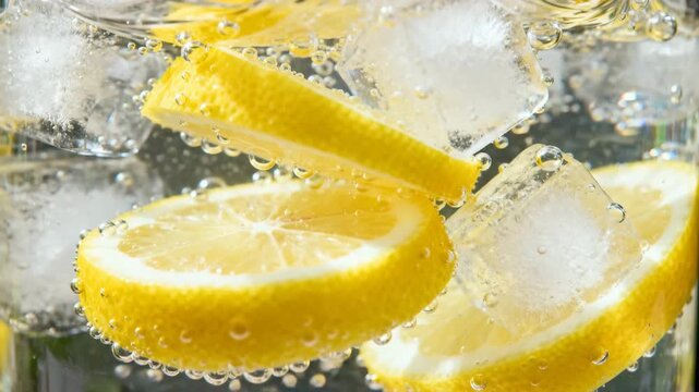 Lemon slices and ice cubes float in sparkling water, creating a refreshing beverage for hydration and refreshment.
