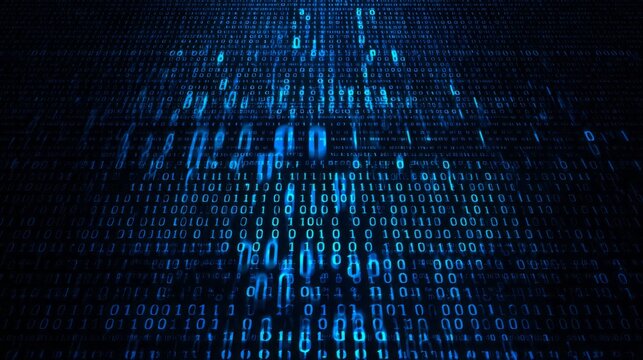 Streaming digital data flows across a dark, futuristic landscape illuminated by bright blue light. - Powered by Adobe