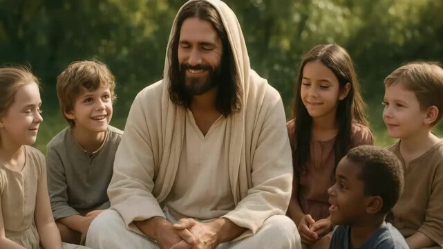 Jesus Christ smiling and teaching a diverse group of children outdoors. A biblical scene of the messiah with his young followers. Faith, love, and kindness concept