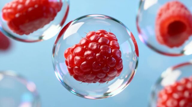 Fresh raspberries enclosed in transparent bubbles float against a bright blue background, showcasing vibrant red, juicy texture and natural freshness.