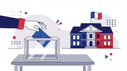 Vector illustration of voting in France. Hand putting a blue ballot envelope into a transparent box next to a stylized town hall building with the French flag. Democratic election concept.