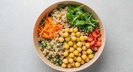Top-Down View of Chickpea Salad Bowl with Quinoa and Vegetables, Olive Oil Drizzle