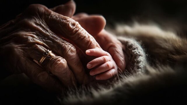 A Heartwarming Moment of Connection: The Tenderness Between Generations Captured as an Elderly Hand Gently Holds a Newborn's Hand, Symbolizing Love and Family Legacy.