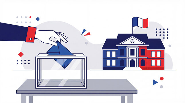 Vector illustration of voting in France. Hand putting a blue ballot envelope into a transparent box next to a stylized town hall building with the French flag. Democratic election concept.