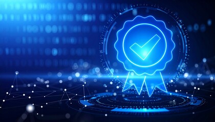 Glowing digital certification badge with checkmark, symbolizing tech-based approval and achievement.