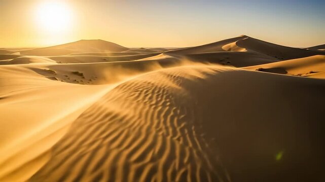 Golden sand dune landscape with sunlight and wind motion for travel and environment