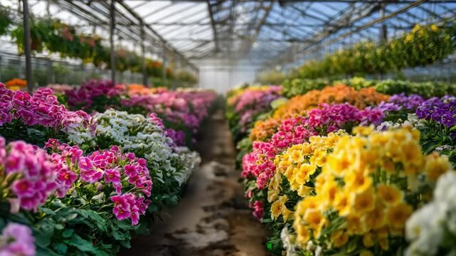 Gentle waves of colorful mutated flowers bloom in an innovative greenhouse illustrating creative plant breeding for ornamental horticulture.