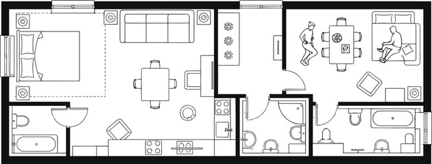 Detailed apartment floor plan with two bedrooms, bathrooms, kitchen, dining, and living room for interior design and architecture.