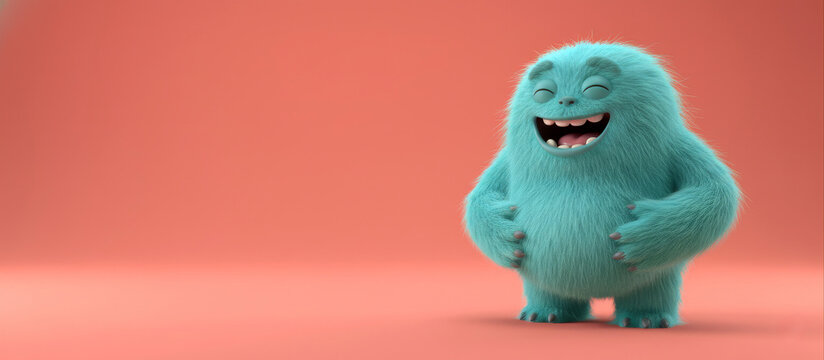 Happy fluffy blue monster character laughing holding belly