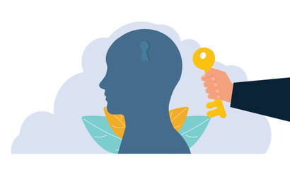 Unlock idea and explore potential, development of thinking. Man holding a key unlocking businessman mind, unlock and Read minds