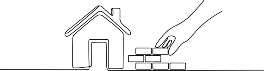 One line continuous building house. Concept of hand arranging bricks. one line Icon drawing