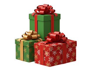 Obraz premium Stack of Festive Christmas Gift Boxes in Red and Green with Golden Bows and Snowflake Patterns, Perfect for Holiday Celebrations, isolated on transparent background