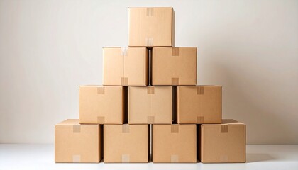 Stacked cardboard boxes in pyramid formation against plain wall