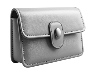 Grey vegan leather wallet featuring a button clasp.
