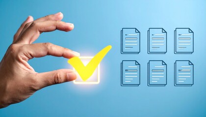 Hand holding yellow checkmark in white box beside six document icons on blue gradient background