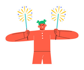 Woman holding burning sparklers. Celebration of New Year. Colorful vector illustration