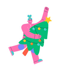 Woman holding christmas tree. New year. Colorful vector illustration